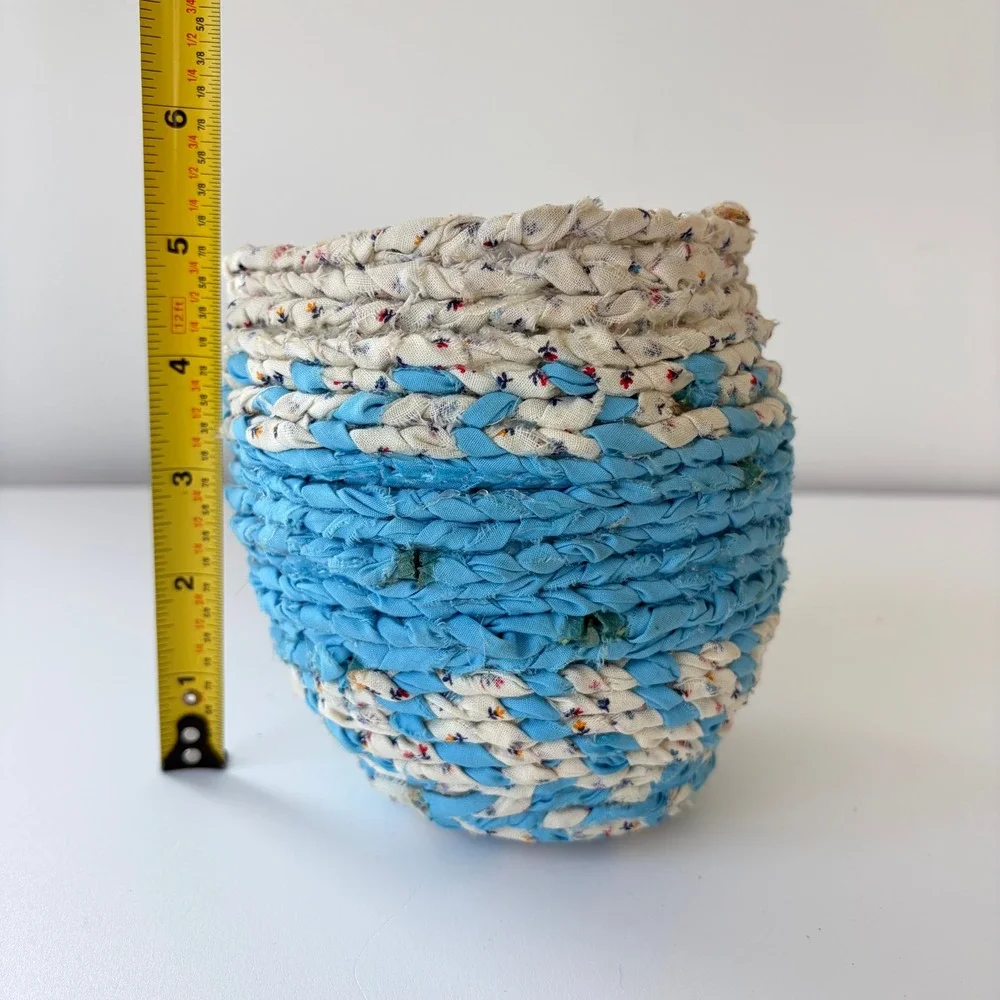 Vintage Hand Braided Fabric Rag Basket Blue Floral Coiled Cotton Storage Bowl
